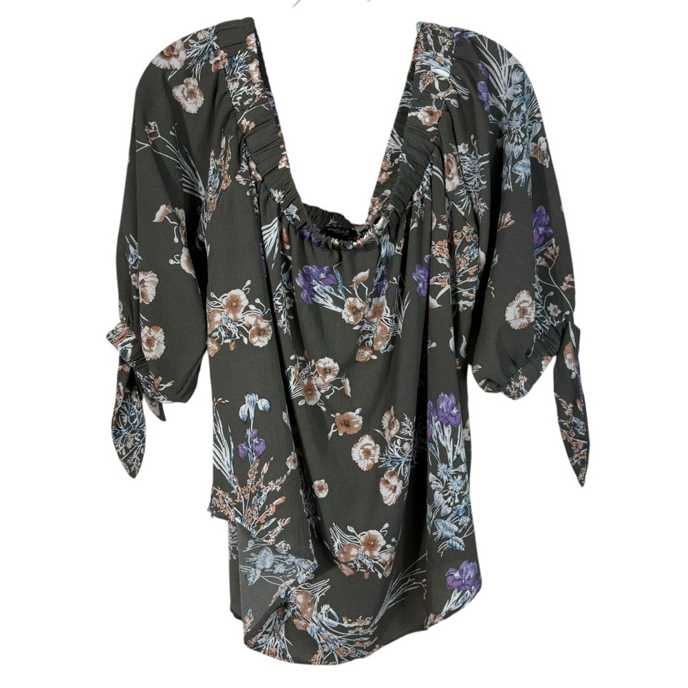 Rhapsody Green Floral Tie Sleeve Off The Shoulder Plus Size Blouse 1X Beach